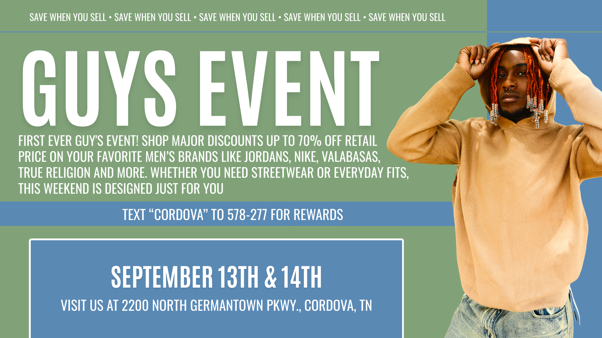 Men’s fashion event at Plato’s Closet Cordova featuring sweaters, jackets, and fall styles for guys, happening September 13–14, with 25% off select items.
